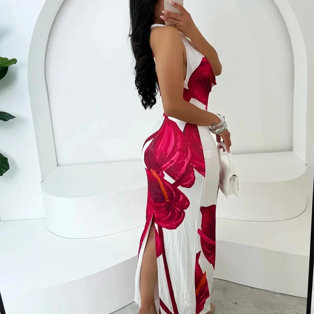 CM.YAYA Women Sleeveless floral Print pile neck backless bodycon midi maxi Dress Summer Evening Sexy Party long Dresses Vestidos