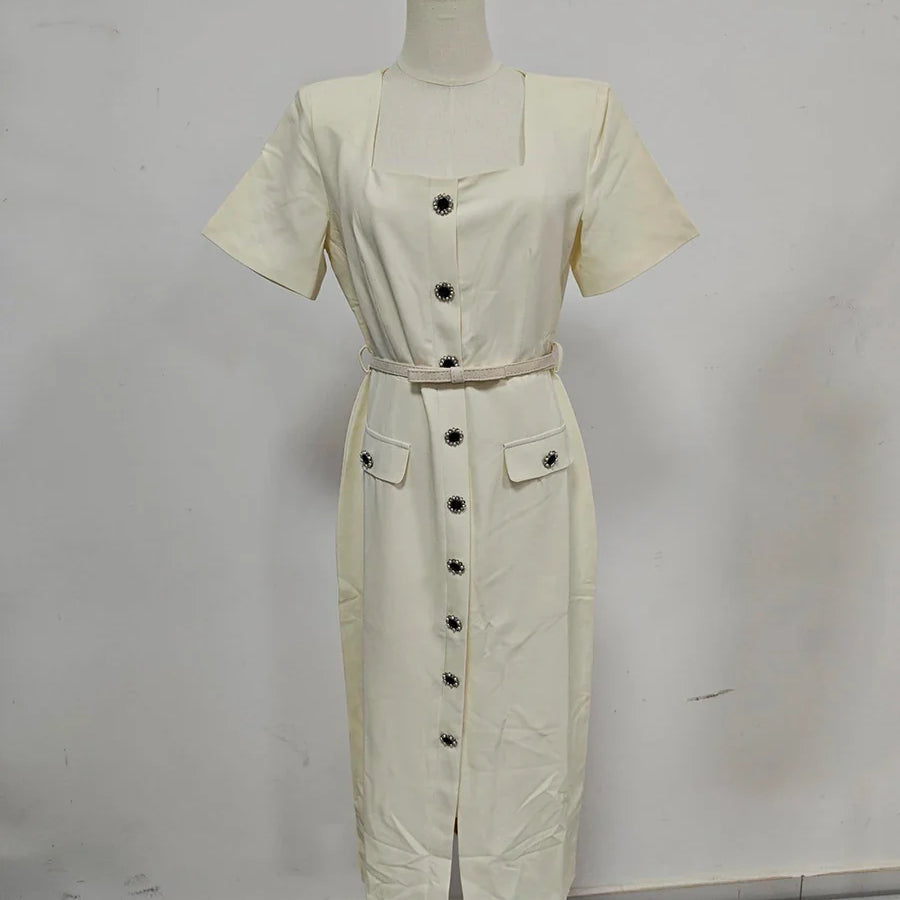 Solid Slimming Spliced Single Breasted Elegant Dresses for Women Square Neck Short Sleeves Split Dress Female New