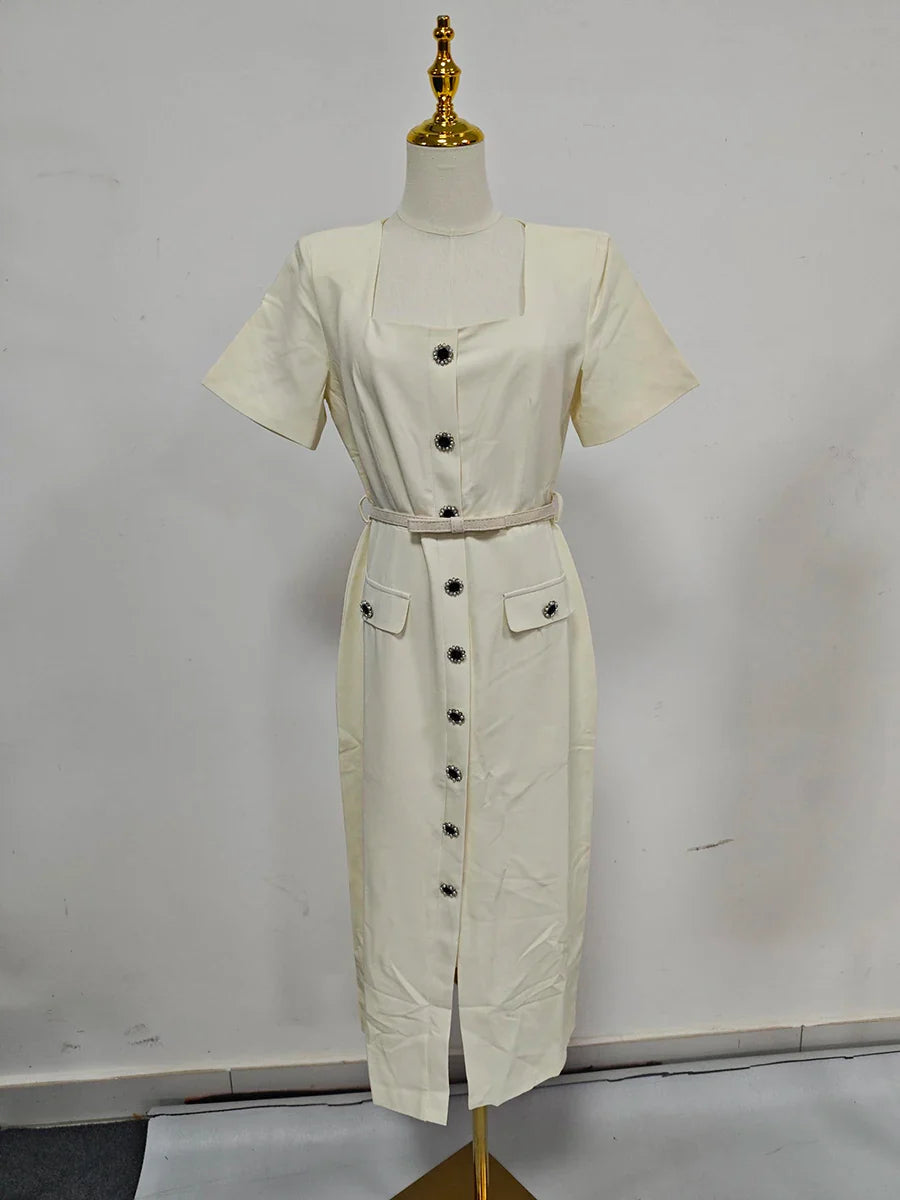 Solid Slimming Spliced Single Breasted Elegant Dresses for Women Square Neck Short Sleeves Split Dress Female New