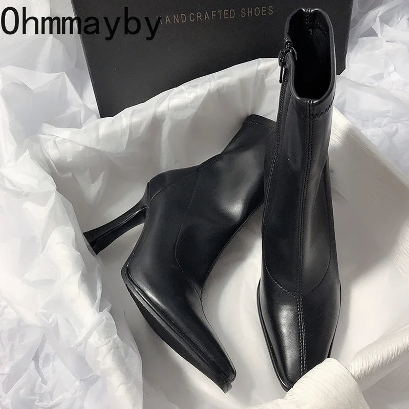 Thin High Heel Women's Ankle Boots Fashion Pointed Toe Short Botas Ladies Elegant Shoes Winter Short Plush Women's Pumps