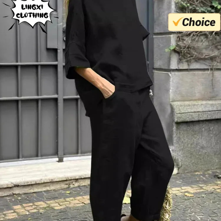 Summer Fashion New Style Matching Series Round Neck Cotton Linen Top High Waist Wide Leg Long Pants Set Plus Size Women's Wear