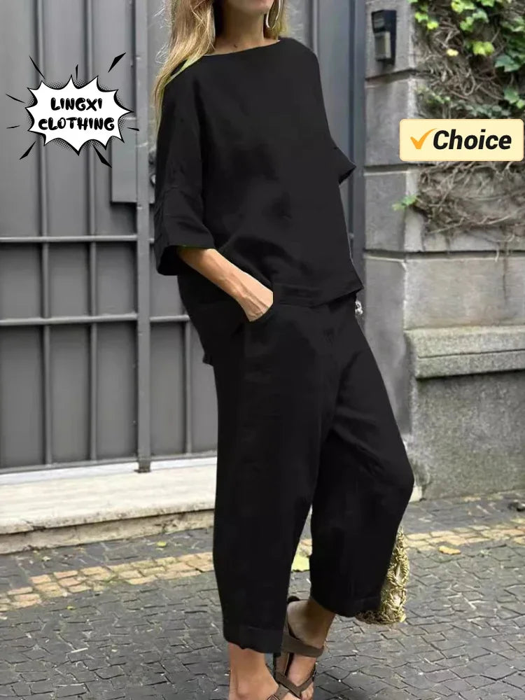 Summer Fashion New Style Matching Series Round Neck Cotton Linen Top High Waist Wide Leg Long Pants Set Plus Size Women's Wear