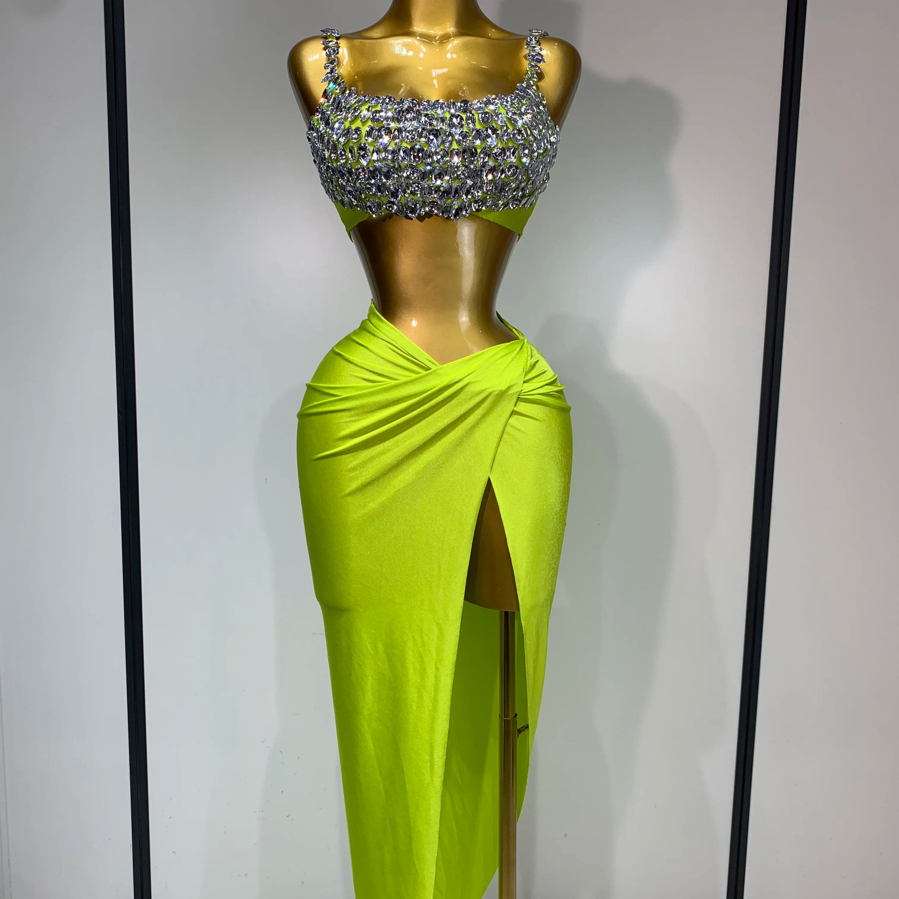 Women Sexy Sparkly Rhinestone Two Pieces Set Stretched Nightclub Skirt Suits Birthday Singer Dancer Stage Performance Costume