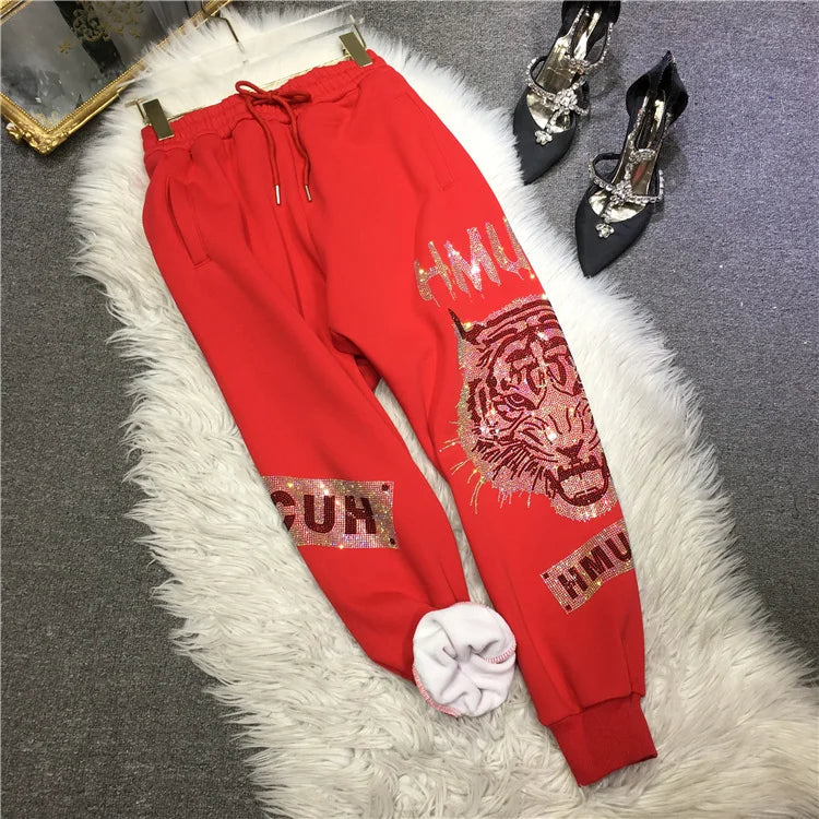4XL Plus Size Luxury Brand Thick Rhinestone Tiger Pant Women Autumn 150 KG Casual Large Size Trousers Ladies Streetwear Winter Red