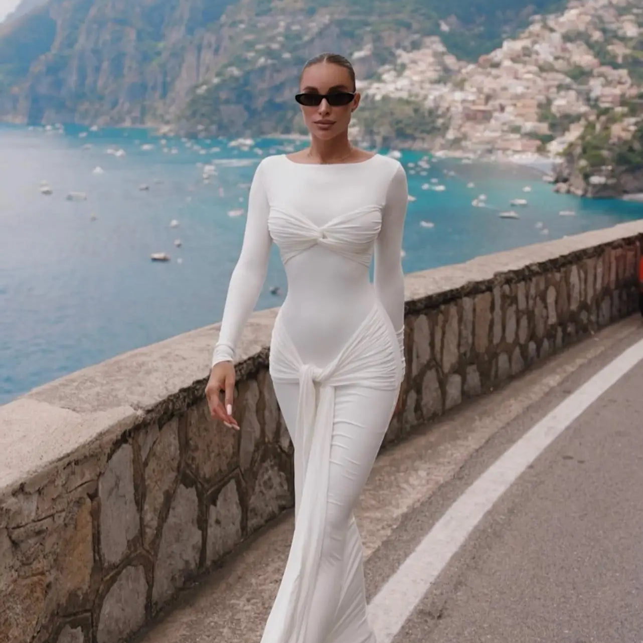 Women Celebrity Sexy O Neck Long Sleeve Gray White Maxi Long Gowns Dress  Elegant Evening Party Club Vestido