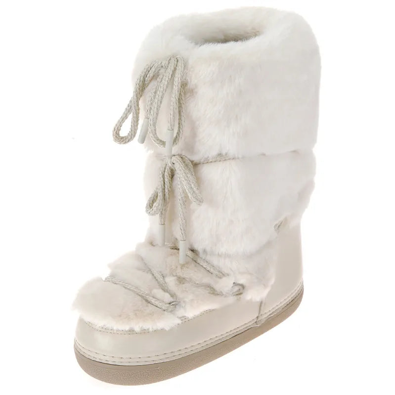 Winter Fur Boots Snow Boots Women Ski Boots Fluffy Hairy Lace Up Middle Calf Platform Flat With White Cotton Boots
