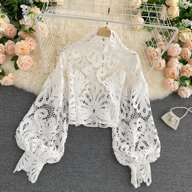 Sexy Lace Hollow Out Short Blouse Casual Lantern Long Sleeve Stand Collar Shirts Female Elegant Red/Pink/White Loose Tops WHITE One Size