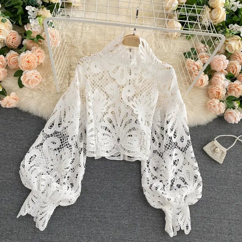 Sexy Lace Hollow Out Short Blouse Casual Lantern Long Sleeve Stand Collar Shirts Female Elegant Red/Pink/White Loose Tops WHITE One Size