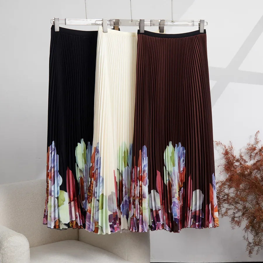 Spring Autumn Runway 2 Pieces Sets Women's Turtleneck Flower Print Stretch Pullover Top＋Long Pleated Skirt Suit Female Outfits