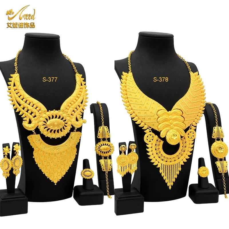 Indian Big Plated Gold Jewelry Women Necklace Sets Dubai African Party Bridal Wedding Gifts Arabic Necklace Jewelry Sets Mix S-377-378