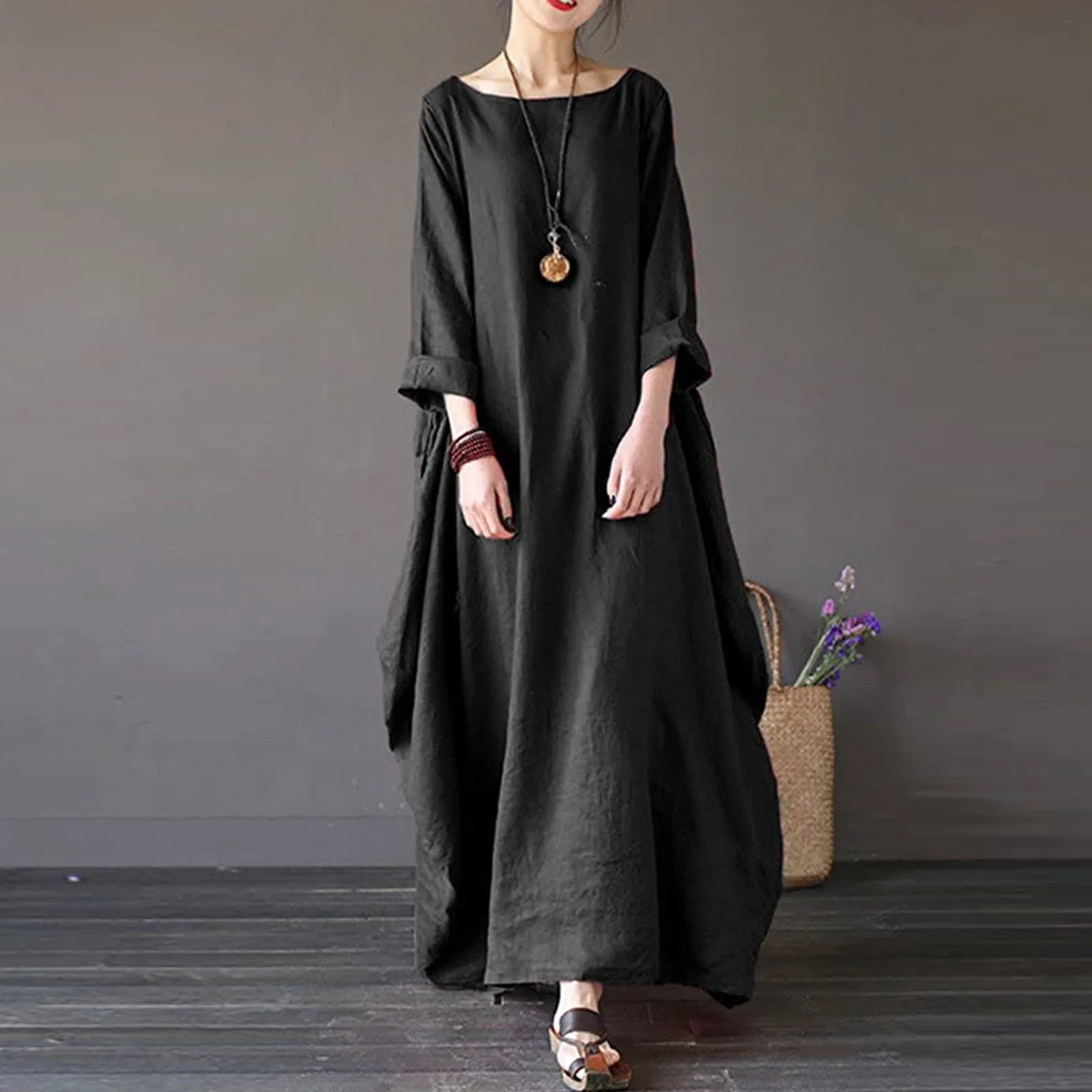 Women Plus Size Boho Dress Ladies Summer Beach Long Dresses Maxi Oversized Ladies Dress Black