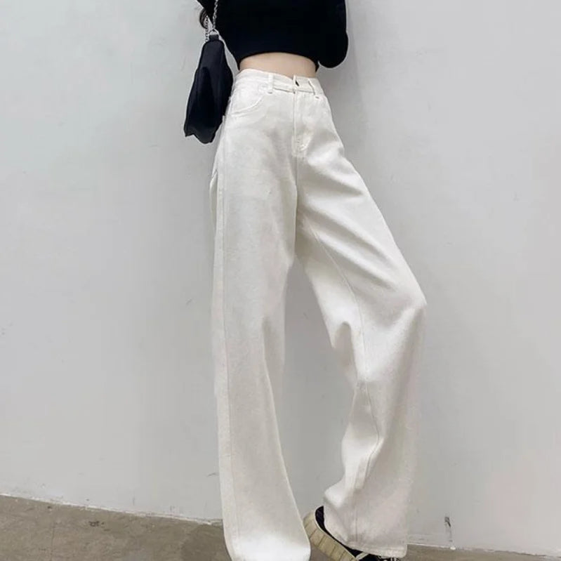 Autumn Spring Jeans Women Denim Pants Vintage Straight Trousers Fashion Female White Black Solid Loose Casual Wide Leg Pants WHITE