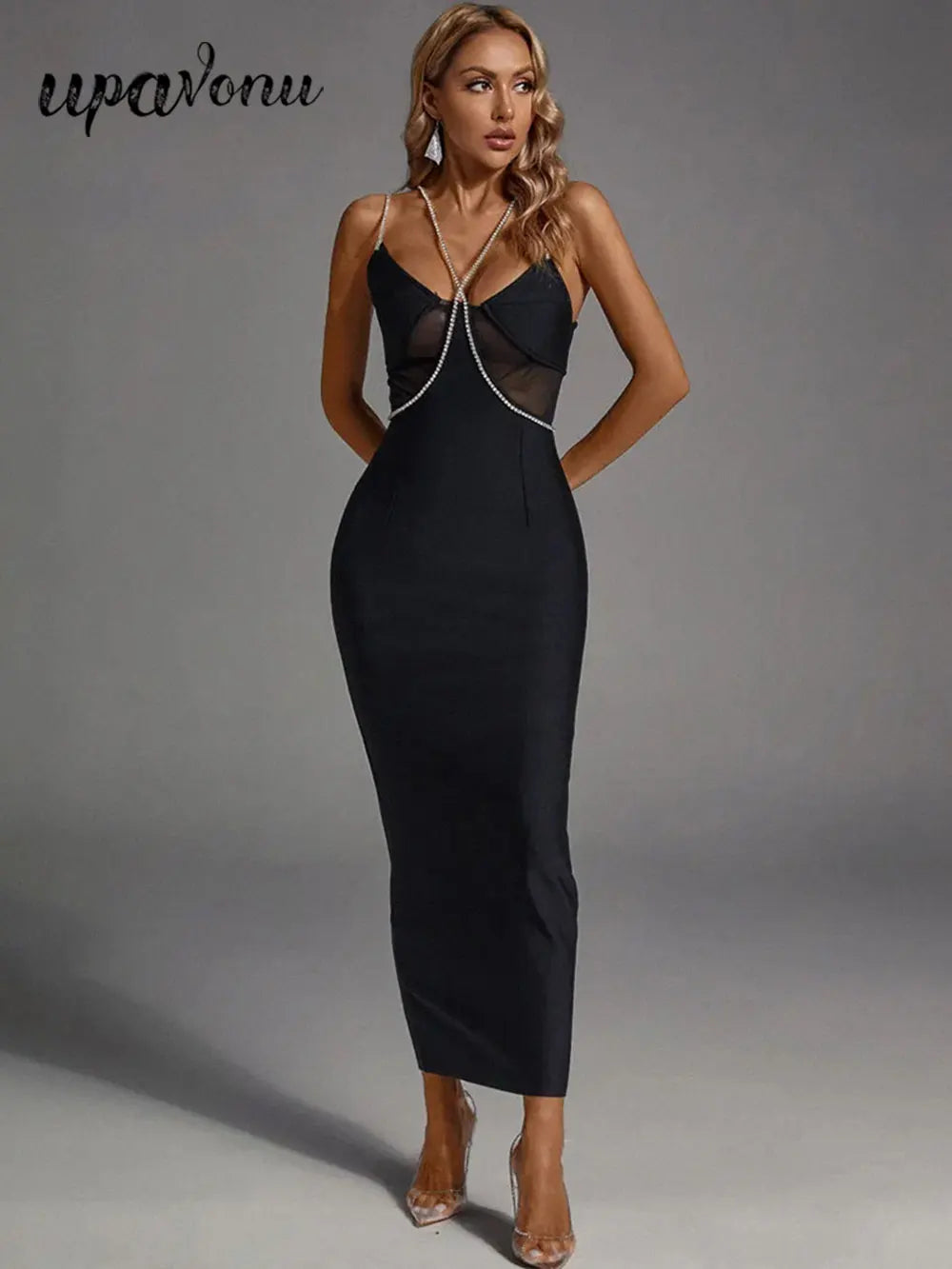 2025 Spring Women's Water Diamond Chain Strap Sleeveless Bandage Dress Patchwork Bodycon Long Dress Evening Club Party Vestidos