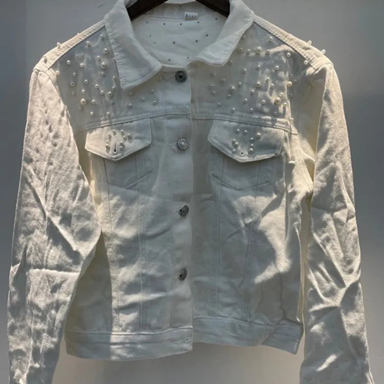 Autumn Fashion Women’s Denim Jacket Full Sleeve Loose Button Pearls Short Lapel Wild Casual