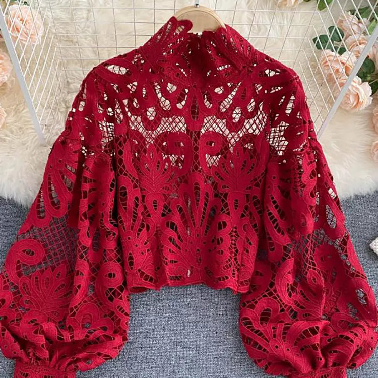 Sexy Lace Hollow Out Short Blouse Casual Lantern Long Sleeve Stand Collar Shirts Female Elegant Red/Pink/White Loose Tops