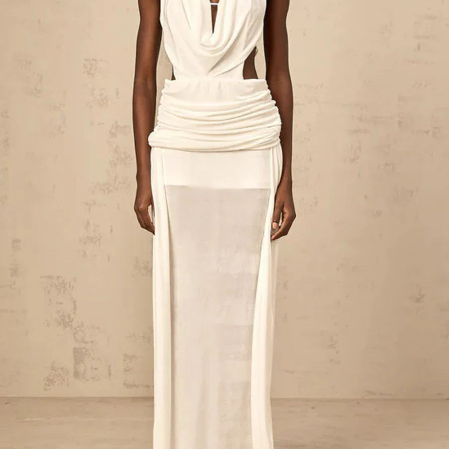 Solid Slimming Spliced Hollow Out Dresses for Women Halter Neck Sleeveless Patchwork Sheer Midi Dress Female New