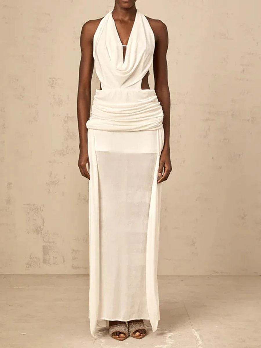 Solid Slimming Spliced Hollow Out Dresses for Women Halter Neck Sleeveless Patchwork Sheer Midi Dress Female New