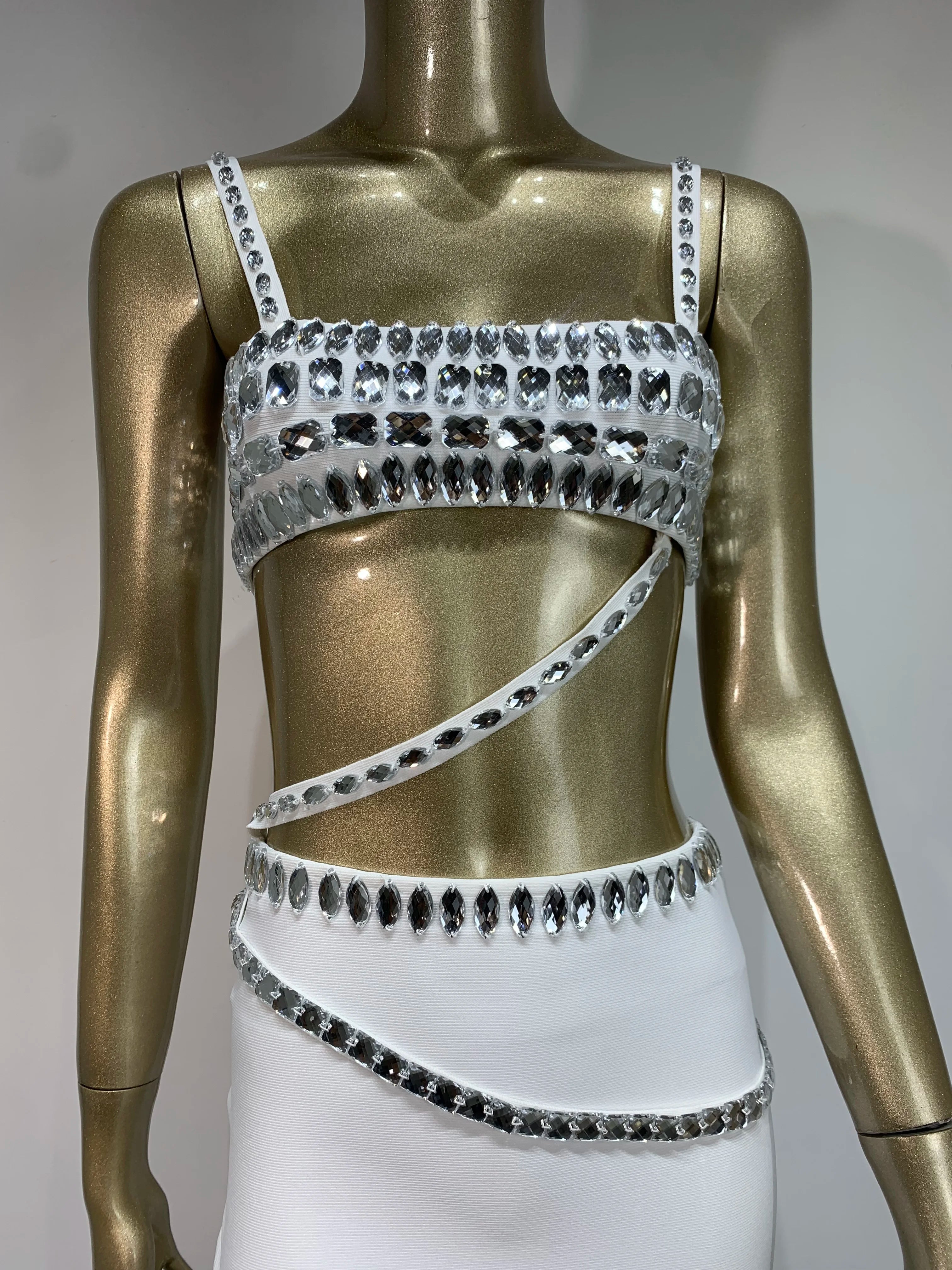 Women Summer Celebrity Sexy Beading Split Maxi Long White Bandage Skirt Set 2024 Knitted Elegant Evening Club Party Clothing