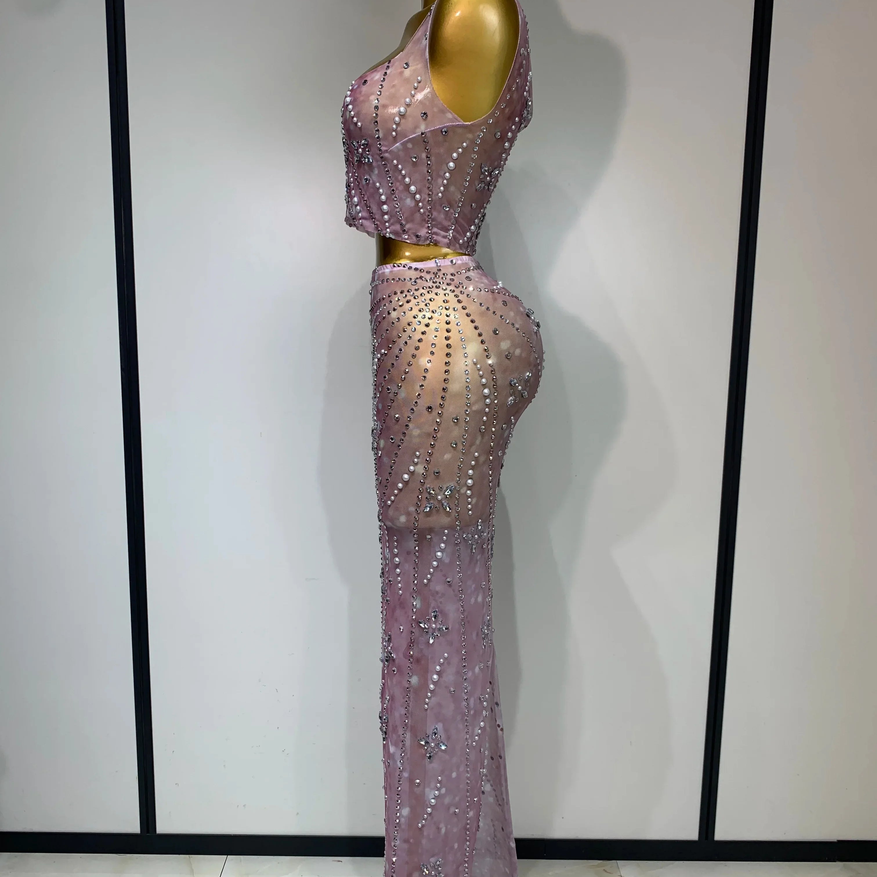 Women Sexy Two Pieces Set Celebrity Luxury Rhinestone Nightclub Skirt Suits Singer Dancer Stage Costume Evening Club Party Gowns