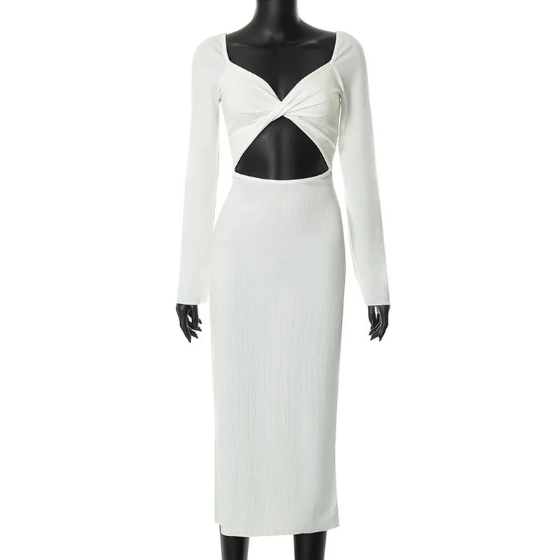 Autumn New Hot White Long-sleeved O-neck Chest-wrapped Hollow High Waist Slim Dress Crop Top Elegant Knee Skirt Rib Fabric Dress