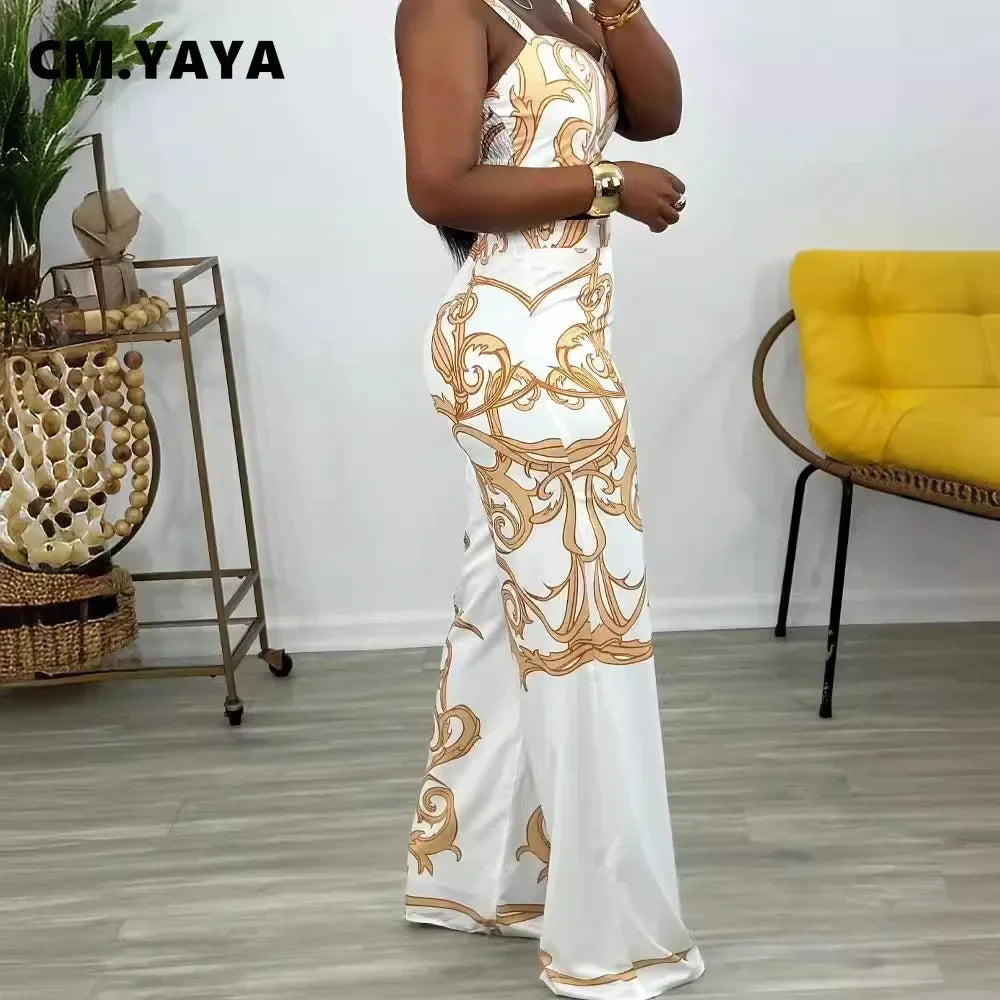 CM.YAYA 2024 Summer Women's Set Sleeveless Strapless Tops +Wide Leg Pants Print Party Street Two 2 Piece Sets Outfits Tracksuit