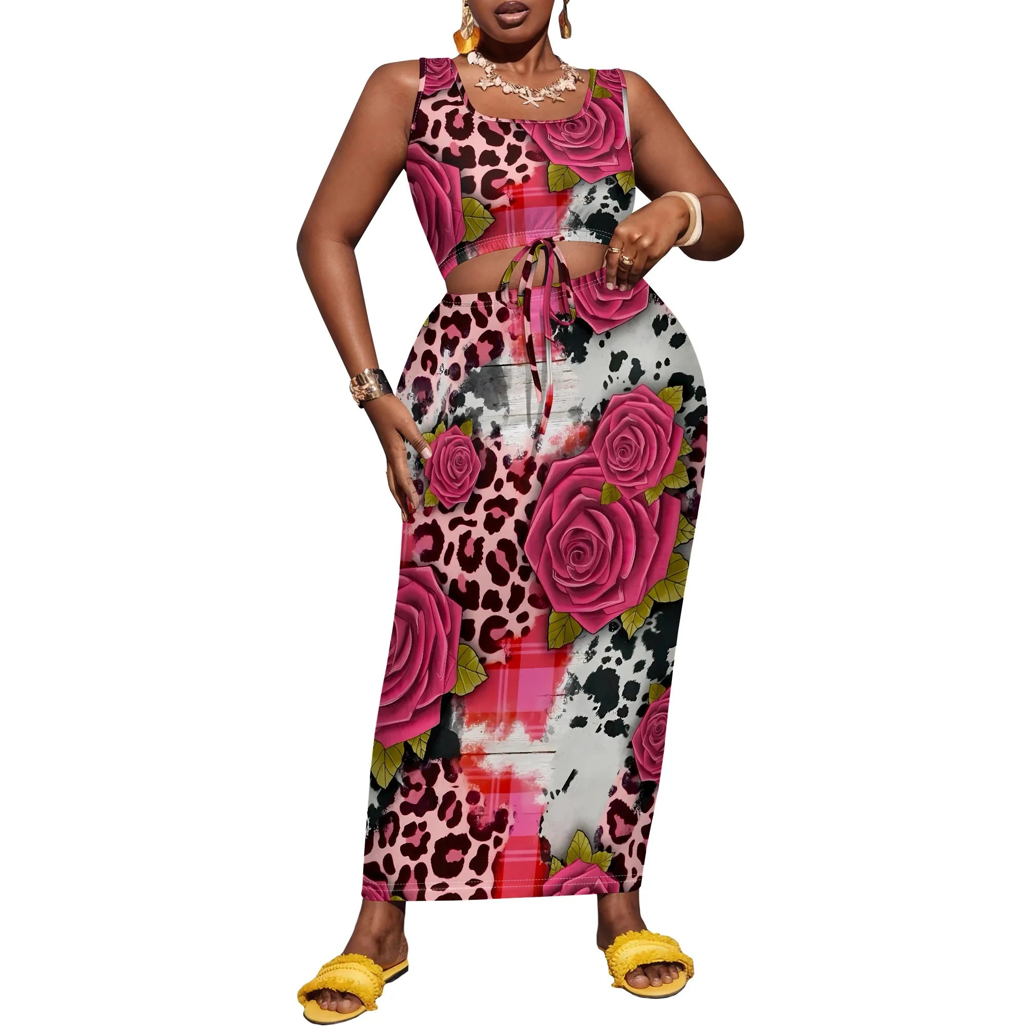 Nupusa Rose & Zebra Print Two - Piece Set for Women Plus Size Summer Casual Sleeveless Crop Top & Maxi Skirt Outfit