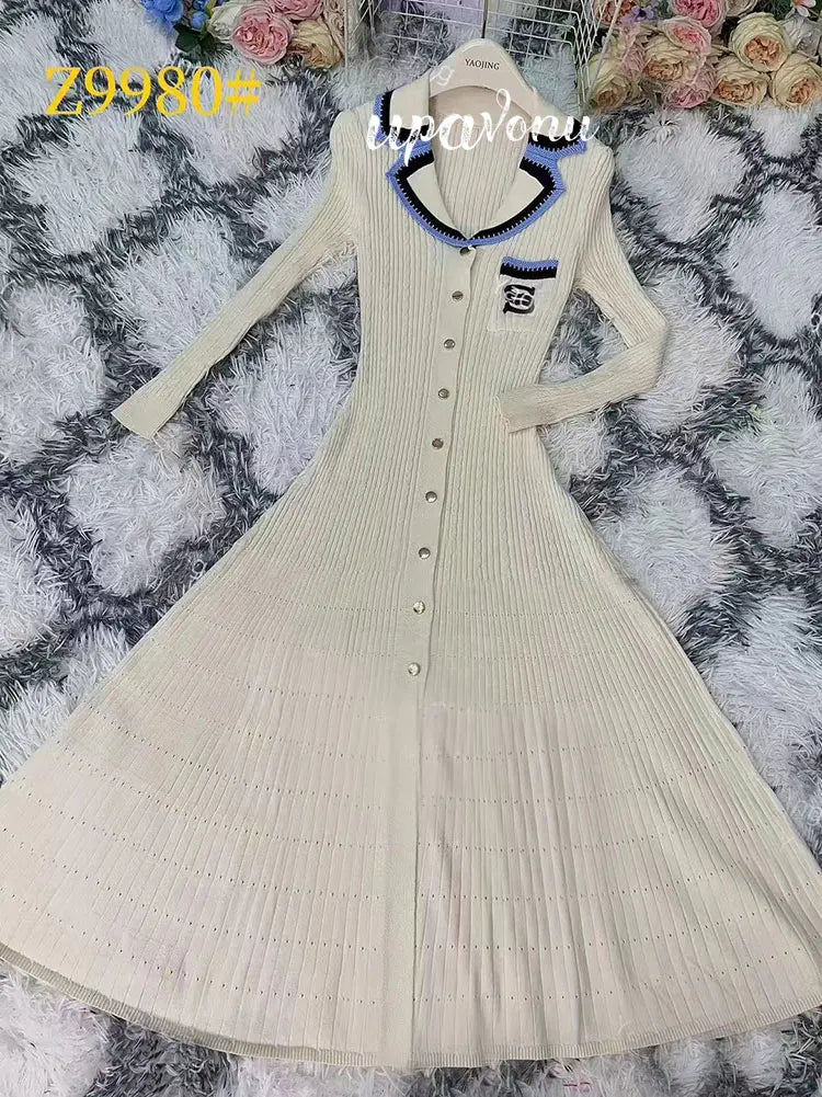 Elegant Women's Slim Fit Knitted Dress Fashionable Polo Neck Short Sleeve Single breasted Design Split Knitted Mid length Dress