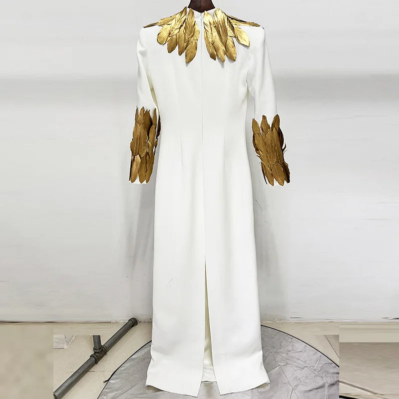 TWOTWINSTYLE Hit Color Slimming Spliced Glod Feathers Dresses for Women High Neck Long Sleeves Temperament Dress Female Fashion