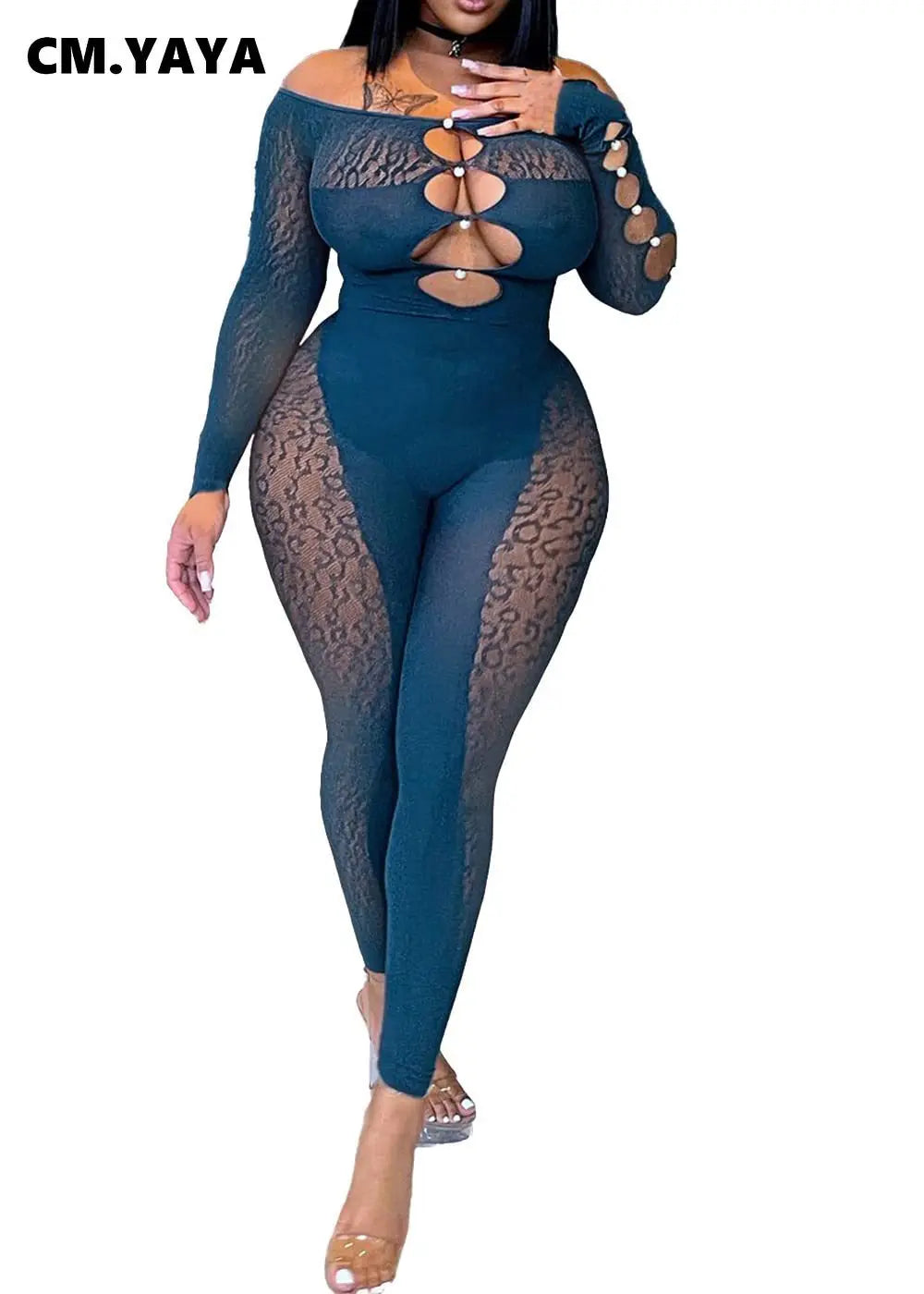CM.YAYA 2025 Long Sleeve Sexy Leopard Lace See Through Women’s Jumpsuits Summer Slash Neck Night Club Party One Piece Outfits