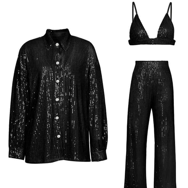 Tossy Sparkly Two-piece Set Party Outfits For Womens Sequin Top Blouse Shirt And Pants Suit Female Luxury Evening Tracksuit New Black Suit