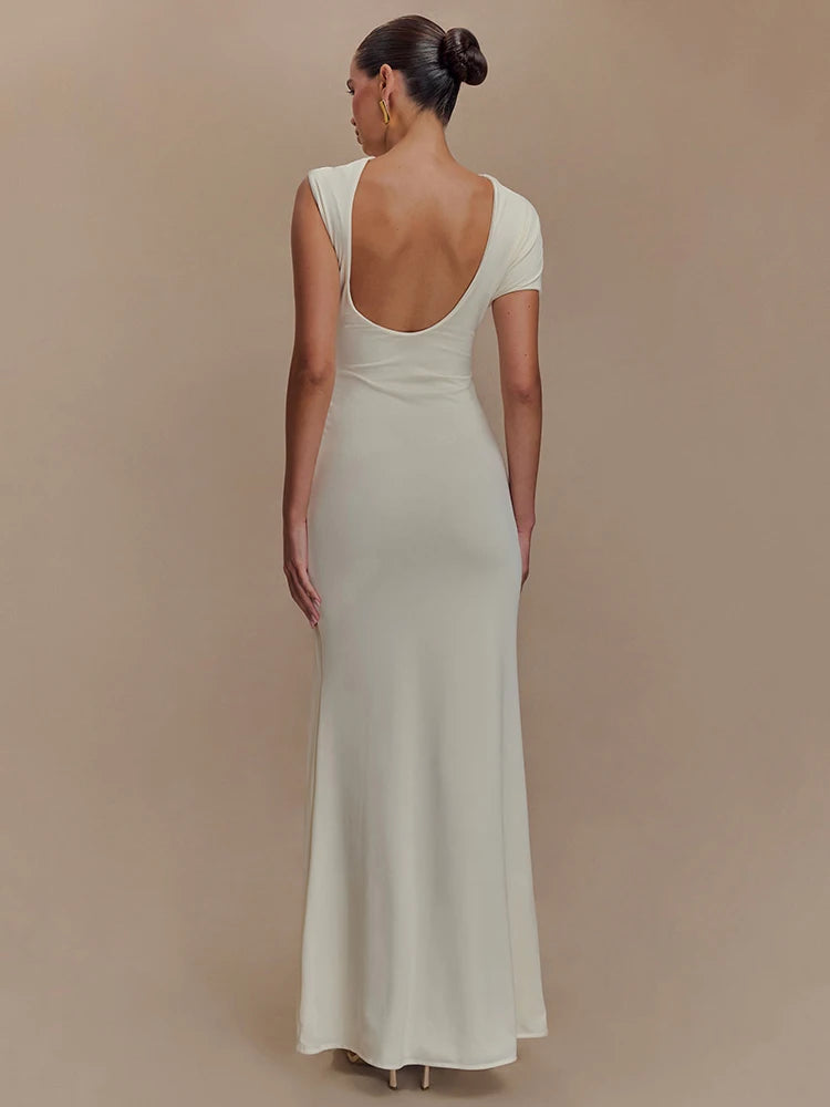 Hollow Out Gold Clasp Sexy Maxi Dress For Women Gown Solid Sleeveless Backless Ruched Bodycon Club Long Dress Elegant