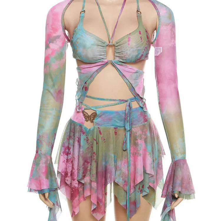 Zenaide Fall Mesh Butterfly Women 3 Piece Set Bandage Cami+Irregular Skirt+Fairy Festival Crop Top Tie Dye Rave Party Outfit Y2K