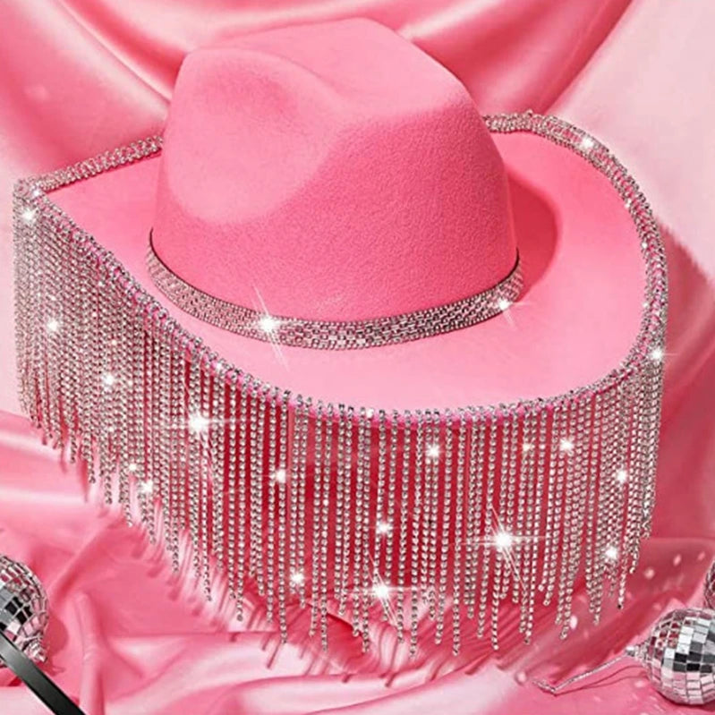 Rhinestones Cowgirl Hats Glitter Rave Cow Girl Hat with Rhinestones Fringe Adult Size Cowboy Hat for Party 3 Color