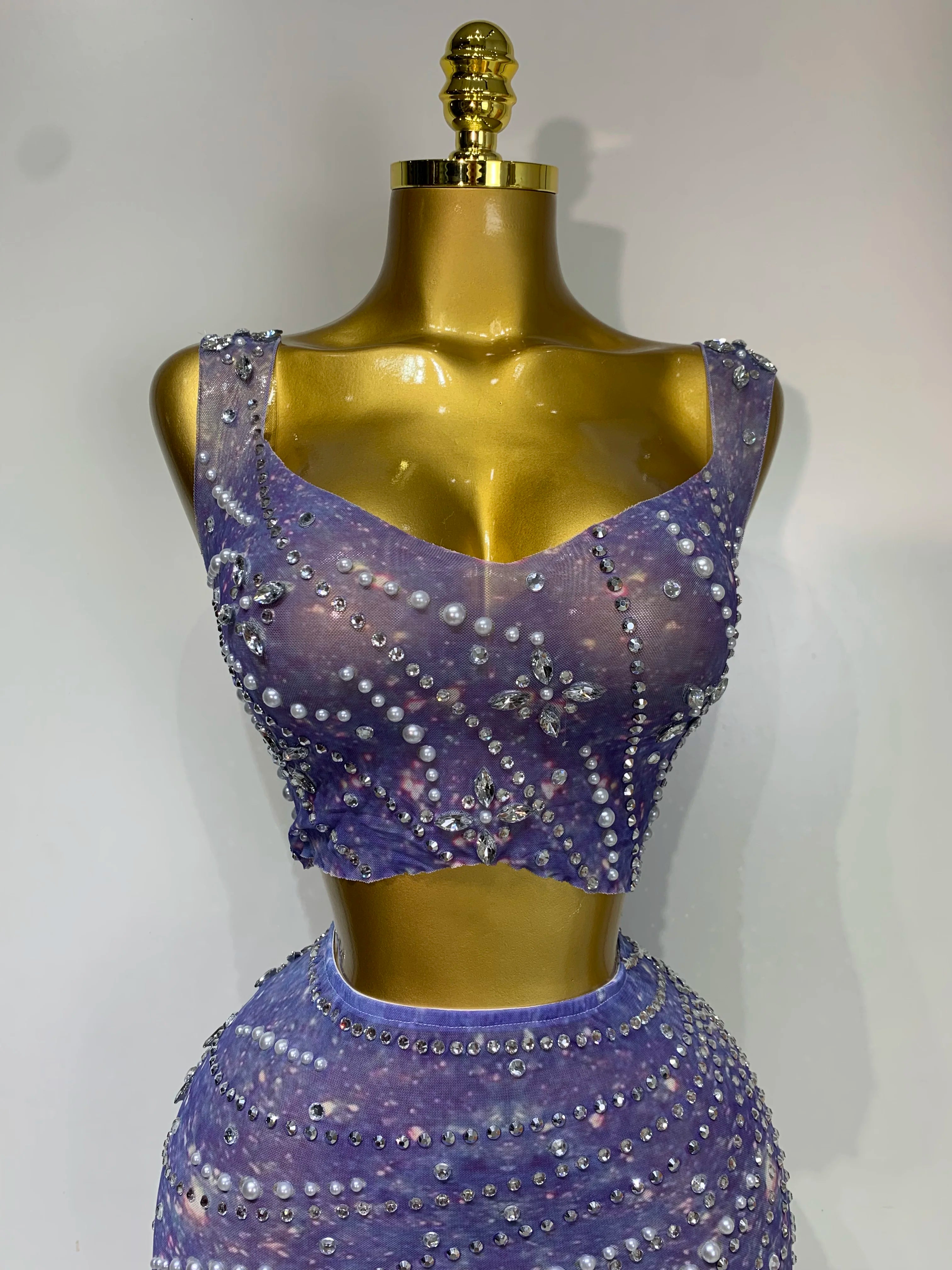 Sparkly Rhinestones Top Long Skirt Two Pieces Set Women Celebirty Luxury Birthday Dress Nightclub Stage Performance Costume