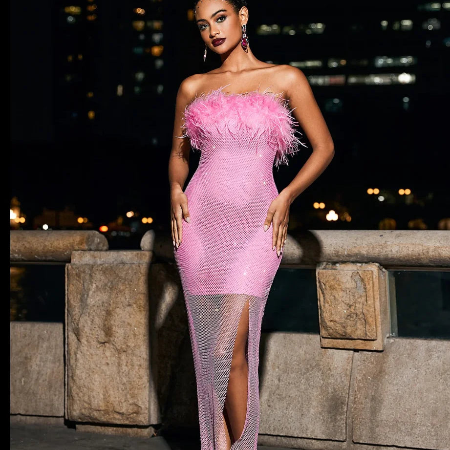 Pink Black Color Women Sexy Strapless Diamond Mesh Feathers Bodycon Long Dress Fashion Celebrate Nightclub Party Birthday Dress