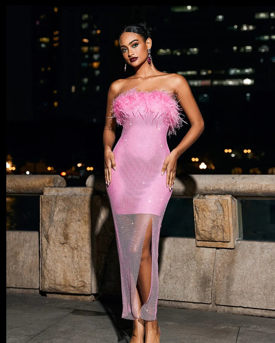 Pink Black Color Women Sexy Strapless Diamond Mesh Feathers Bodycon Long Dress Fashion Celebrate Nightclub Party Birthday Dress