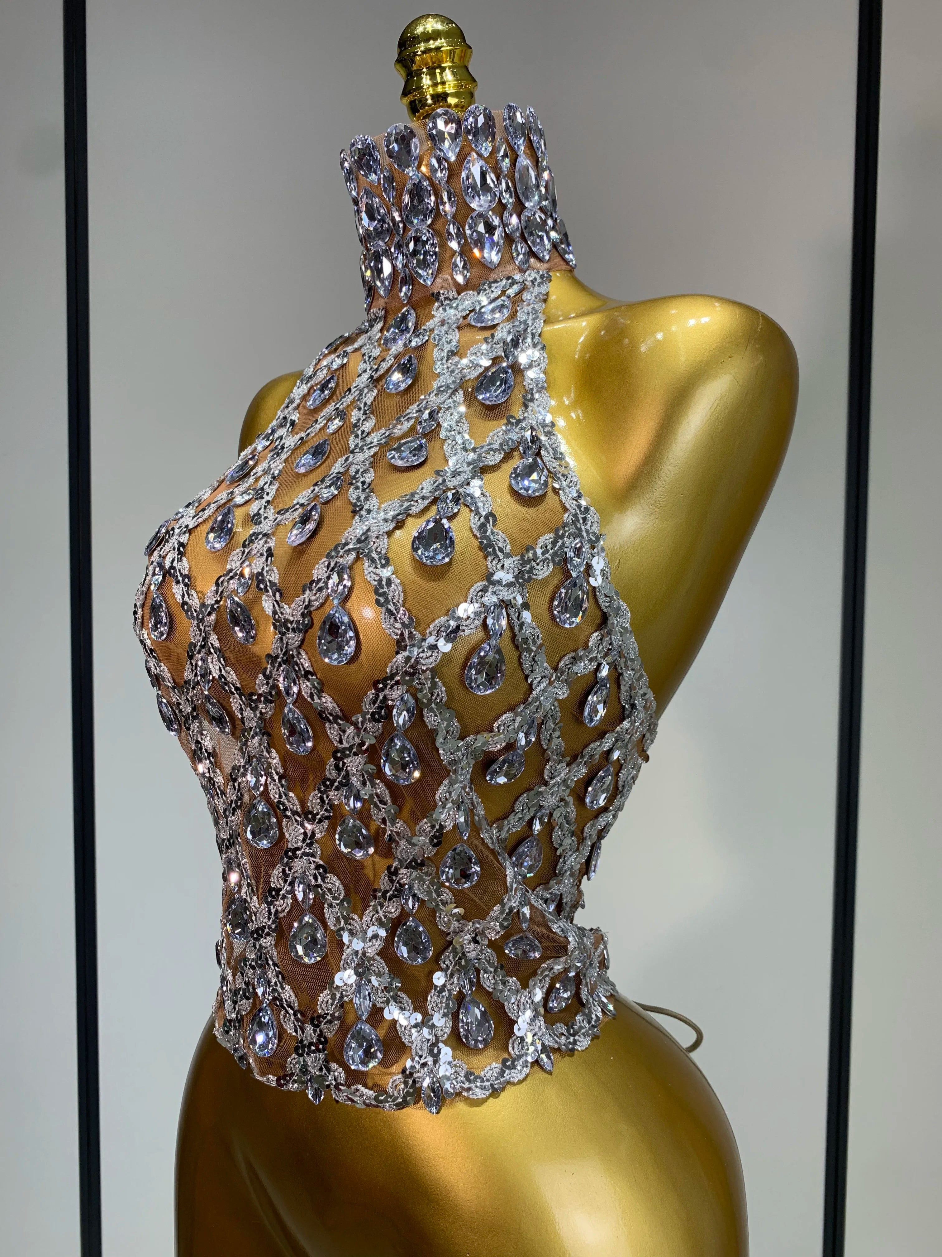 Sparkly Slver Rhinestone Sequins Mesh See Through Top Women Sexy Nightclub Evening Party Backless Spicy Girl Stage Outfit