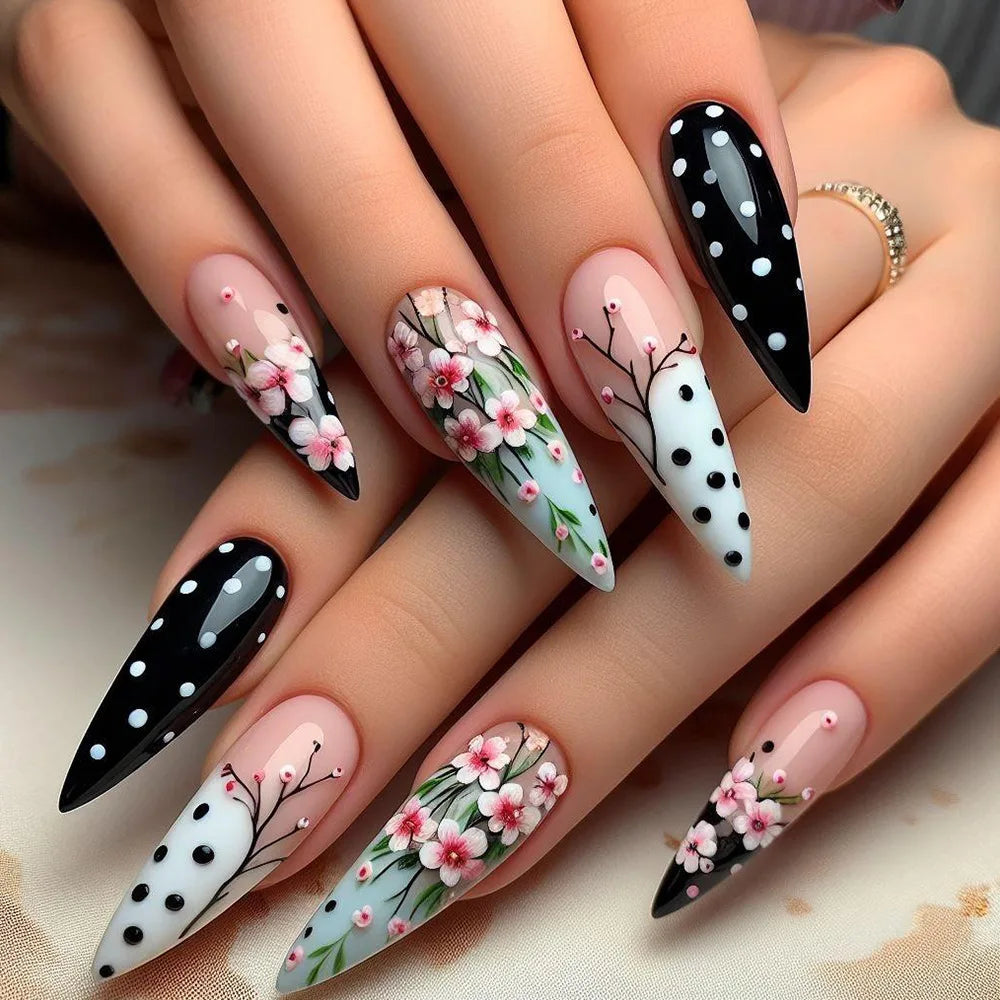 24Pcs Retro French Fake Nails with Moon Leaves Design Wearable Glitter False Nail Mid-length Almond Reusable Press on Nails Art