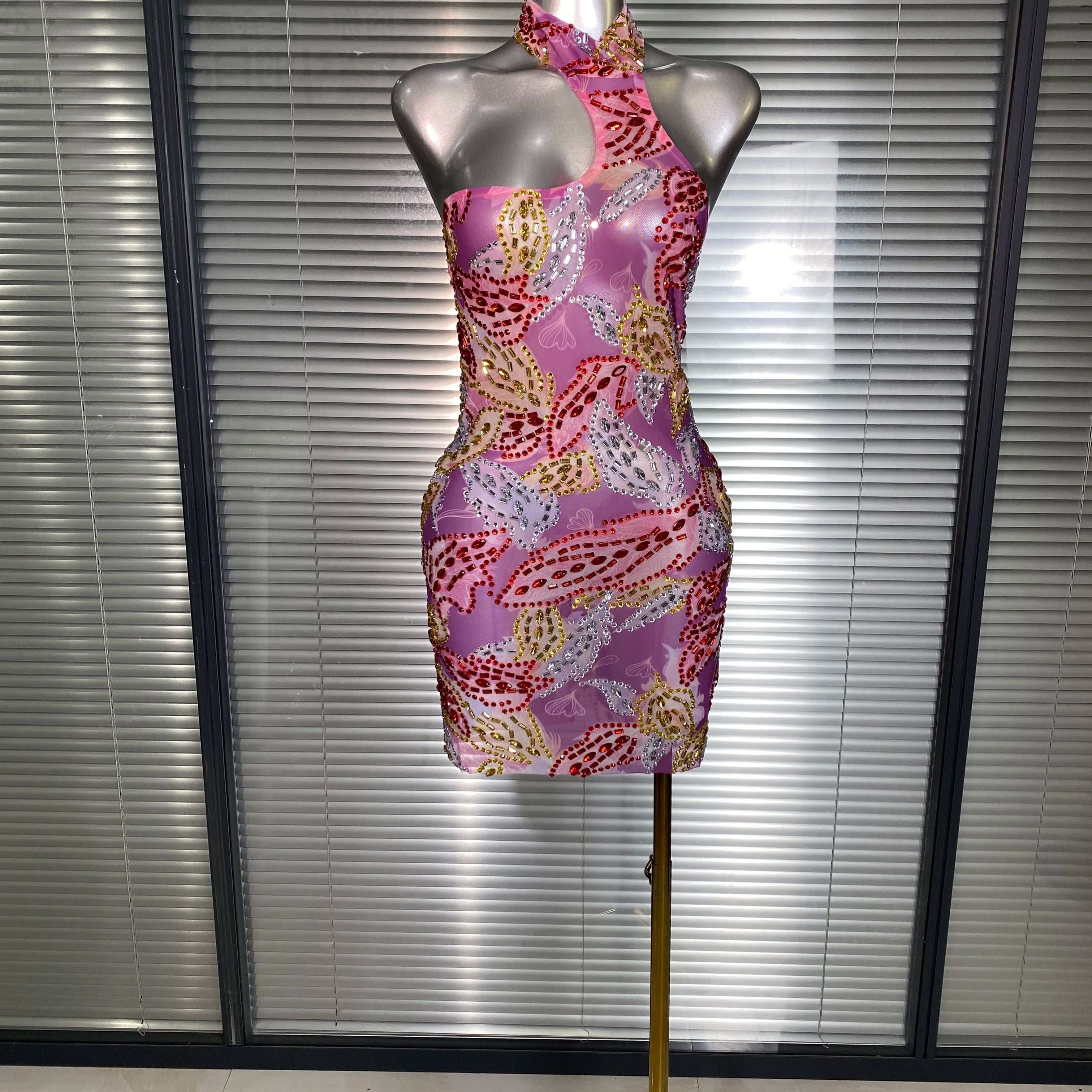 Celebrity New Women Sexy Printed Mesh Sheer Crystal Rhinestones Halter Stage Costume Stage Dancer Night Club Mini Party Dress