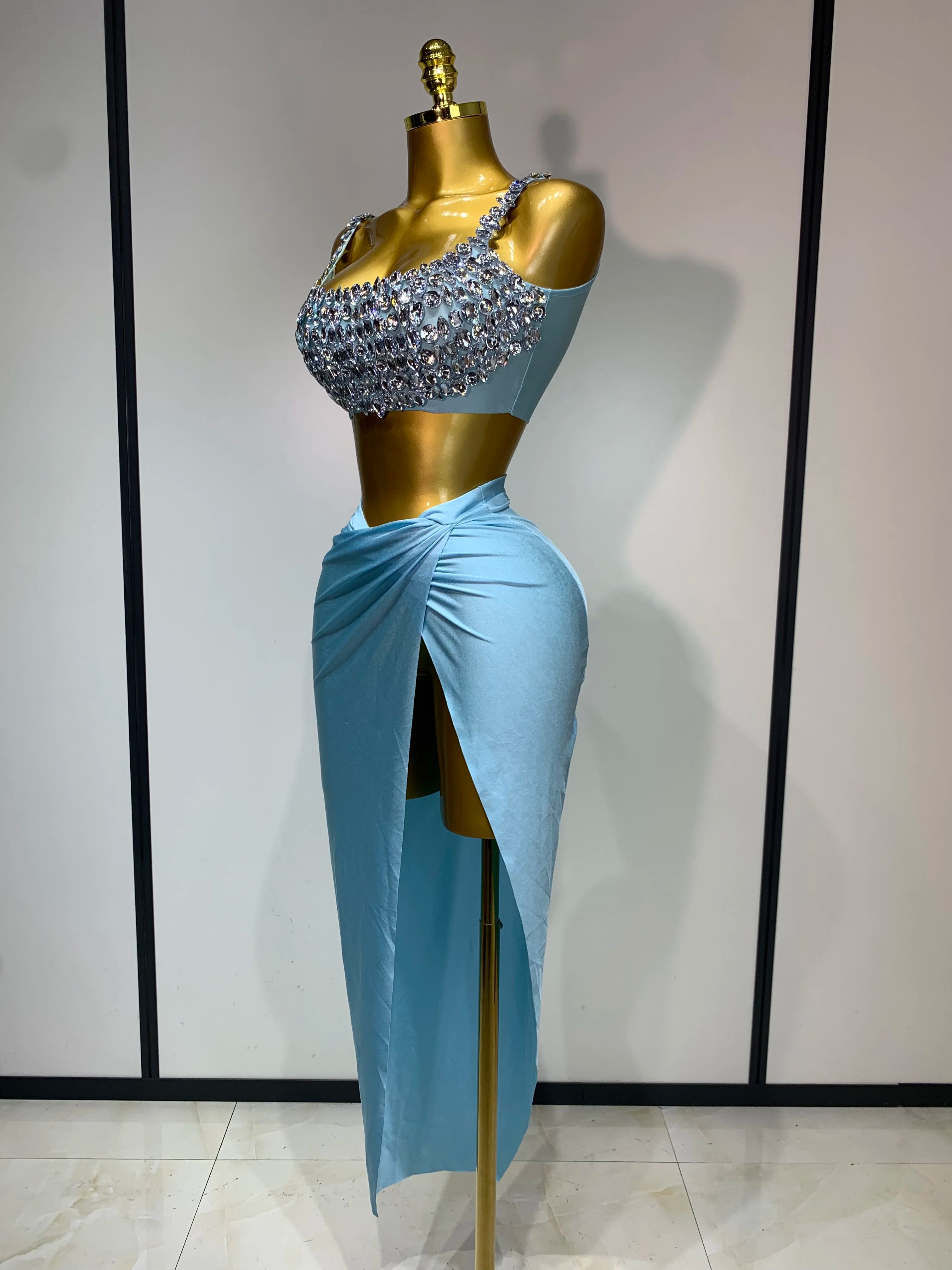 Women Sexy Stretched Crystal Diamonds Two Pieces Set Nightclub Singer Dancer Sparkly Stage Costume Evening Party Birthday Gowns