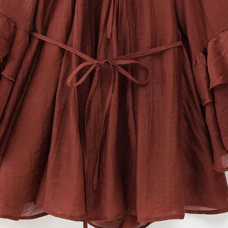 European and American style fashion all-match long-sleeved dress pleated new women's clothing ruffled tie waist dress