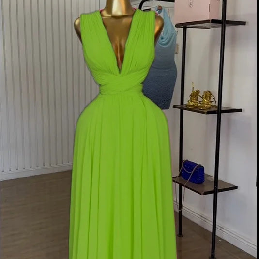 CM.YAYA Women Sleeveless Cutout Back Wrap V-neck Pleated A-line Chiffon Maxi Long Dress Birthday Vacation Sexy Party Dresses green