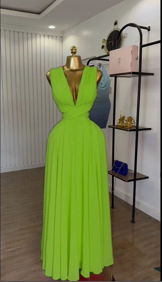 CM.YAYA Women Sleeveless Cutout Back Wrap V-neck Pleated A-line Chiffon Maxi Long Dress Birthday Vacation Sexy Party Dresses green