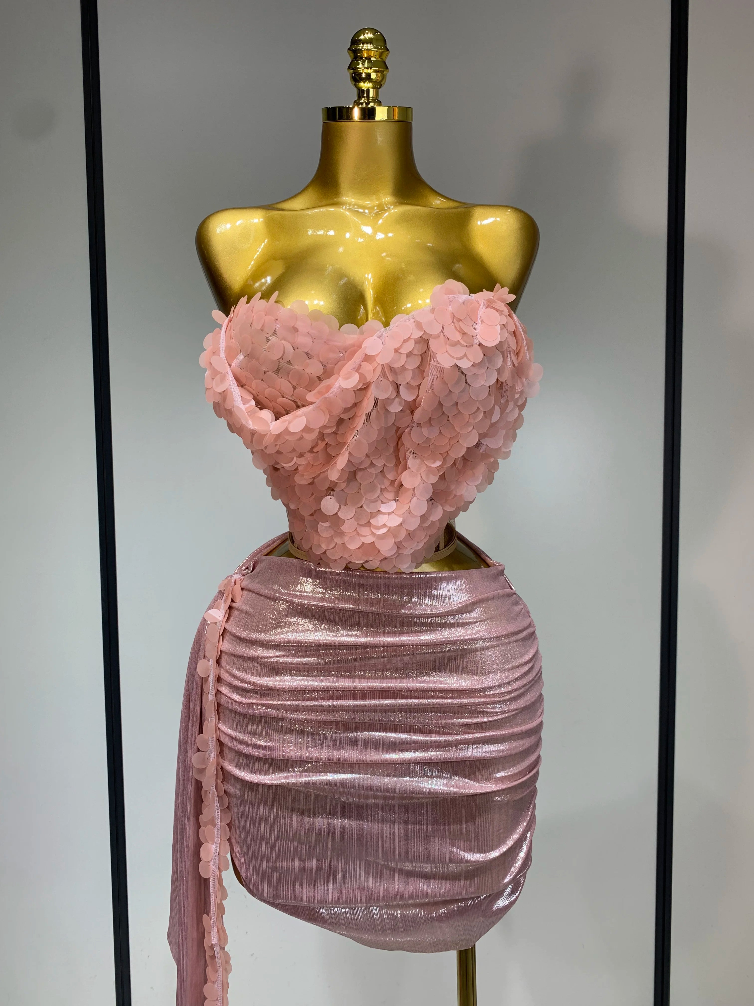 Women Sexy Strapless Sequin Glitter Two Pieces Set Celebirty Elegant Luxury Birthday Evening Party Nightclub Singer Stage Outfit