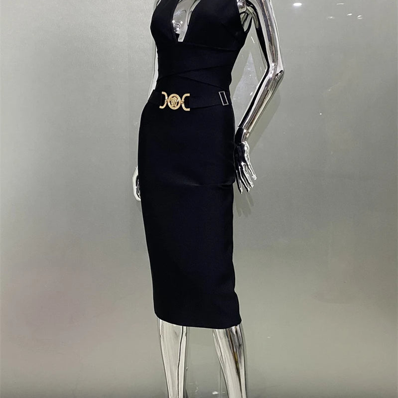 Women Sleeveless Sexy V-Neck Bodycon Midi Bandage Dress Fashion Celebrate Nightclub Party Birthday Dress