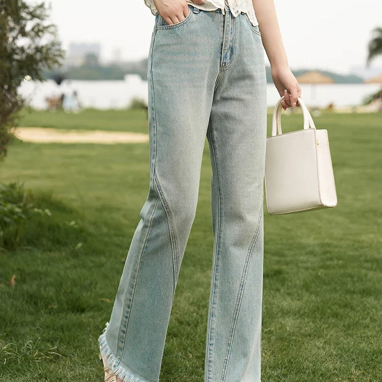 Flare Jeans for Women Retro Denim Blue Fashion Basic Straight High Waist Pockets Woman Full Length Pants MXC38K0108