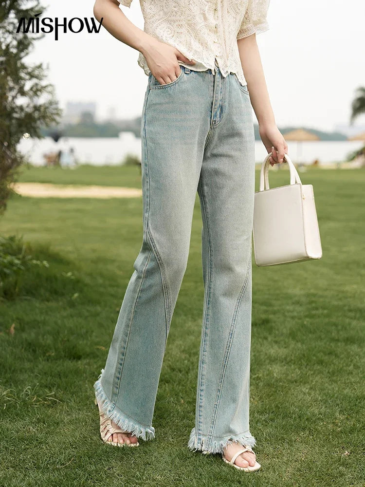 Flare Jeans for Women Retro Denim Blue Fashion Basic Straight High Waist Pockets Woman Full Length Pants MXC38K0108