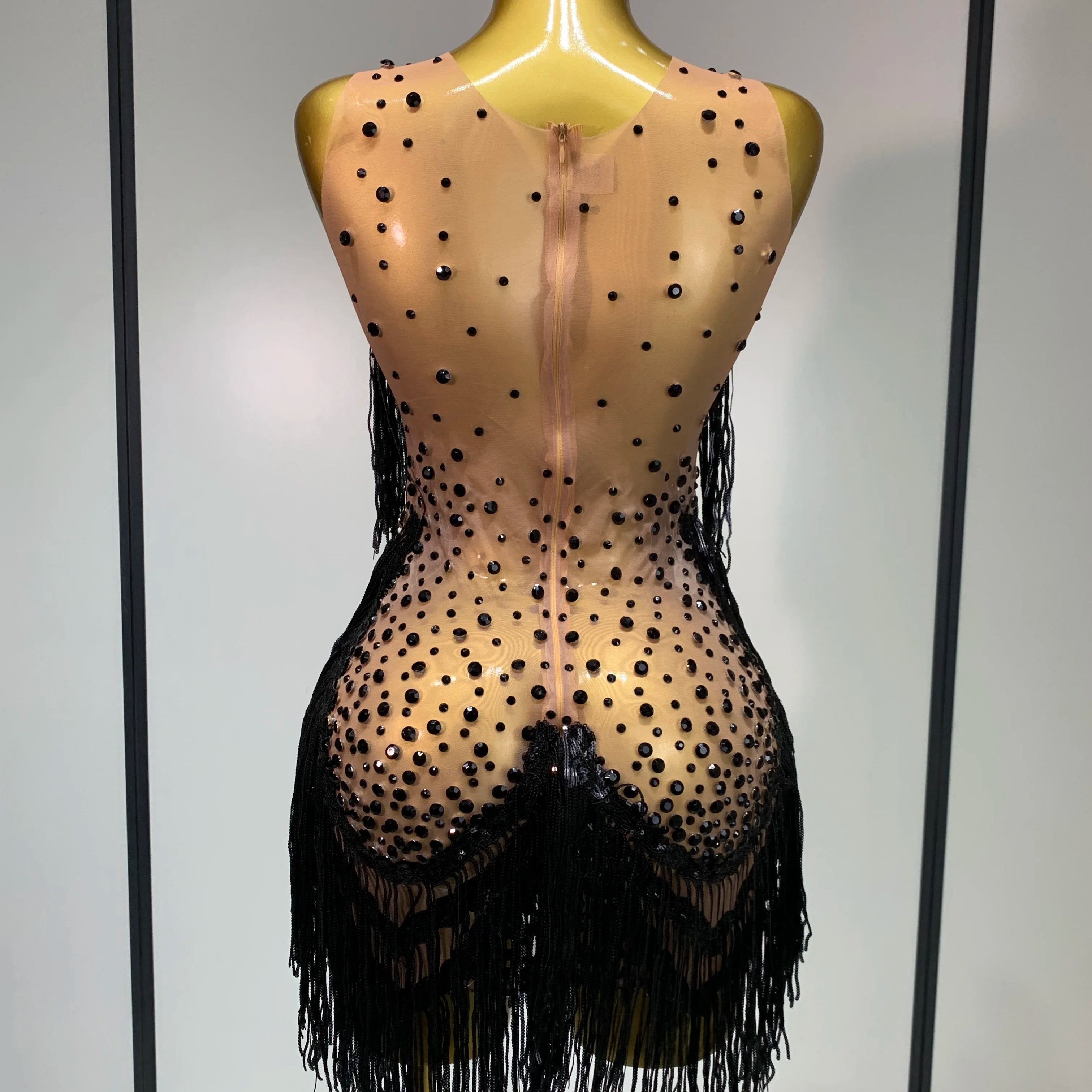 High Quality Rhinestones Tassels Mini Dress Suit Luxury Women Sexy See Through Mesh Party Club Dresses Performance Stage Outfit