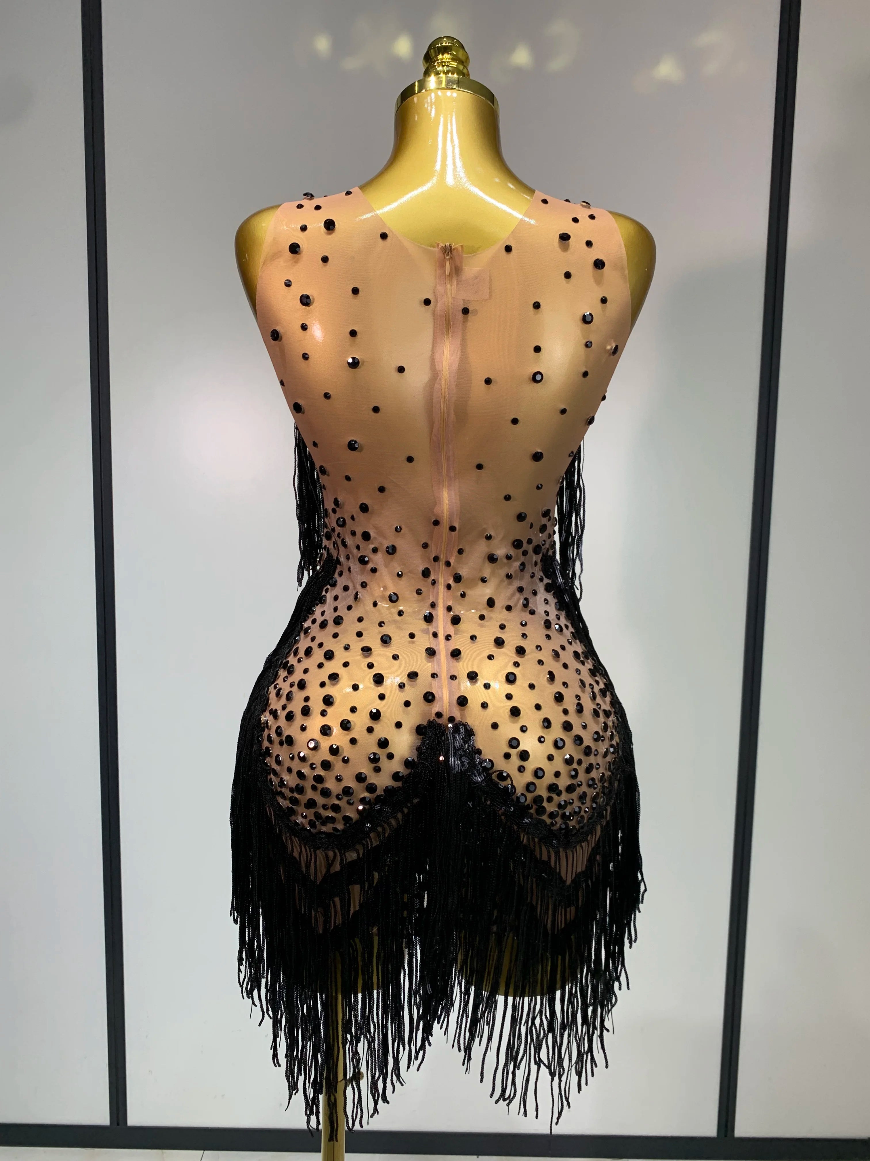 High Quality Rhinestones Tassels Mini Dress Suit Luxury Women Sexy See Through Mesh Party Club Dresses Performance Stage Outfit