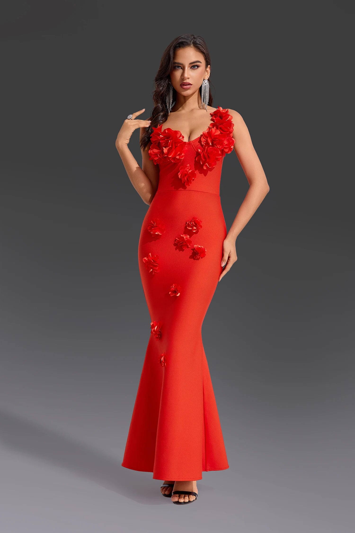 Red Color Women Sexy One Shoulder Florals Bodycon Long Bandage Dress Celebrate Evening Party Wedding Mermaid Outfit